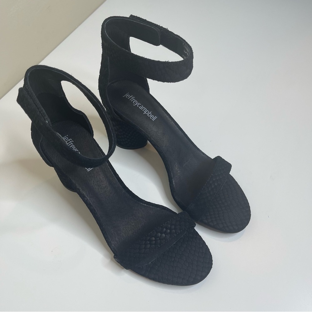 Jeffrey Campbell Laura Sandal in Black Suede Snake Print
